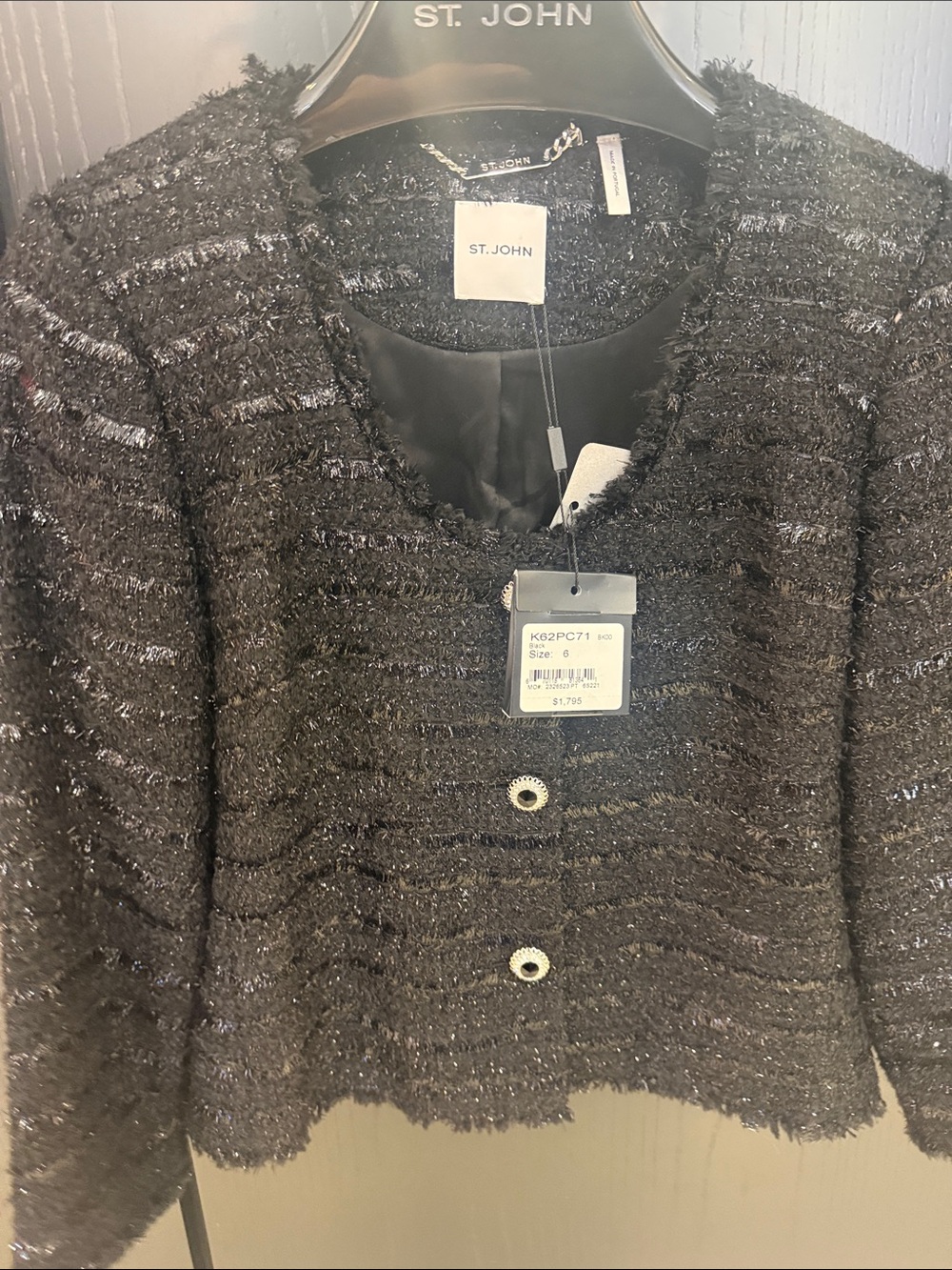 St. John Black Textured Tweed Jacket with Silver Thread